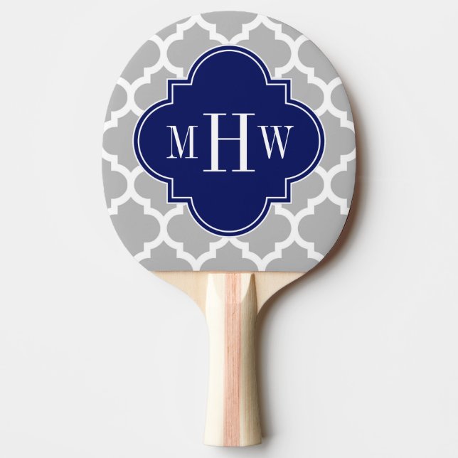 Grey White Moroccan #5 Navy 3 Initial Monogram Ping Pong Paddle (Front)