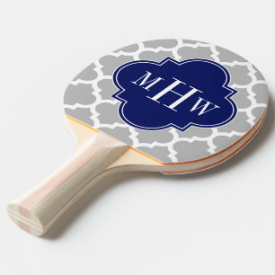 Grey White Moroccan #5 Navy 3 Initial Monogram Ping Pong Paddle