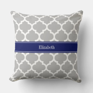 Grey White Moroccan #5 Navy Blue Name Monogram Cushion