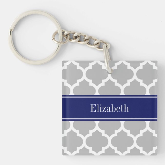 Grey White Moroccan #5 Navy Blue Name Monogram Key Ring (Front)