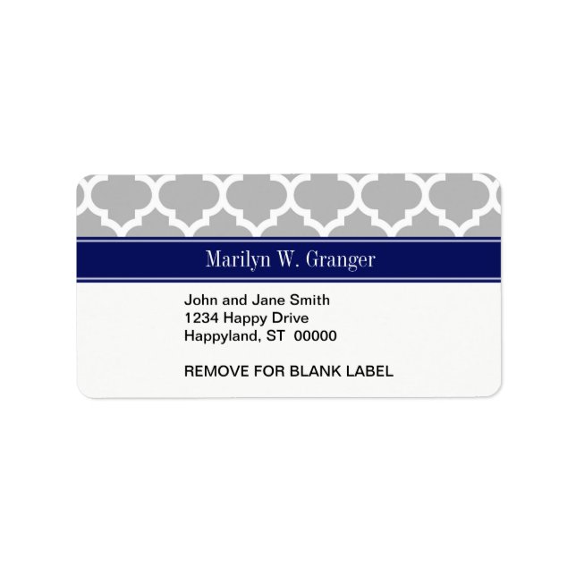 Grey White Moroccan #5 Navy Blue Name Monogram Label (Front)