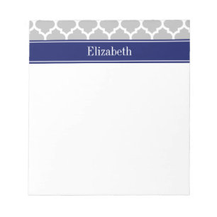 Grey White Moroccan #5 Navy Blue Name Monogram Notepad