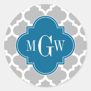 Grey White Moroccan #5 Peacock 3 Initial Monogram Classic Round Sticker