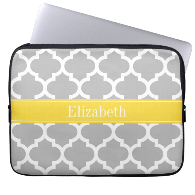 Grey White Moroccan #5 Pineapple Name Monogram Laptop Sleeve (Front)