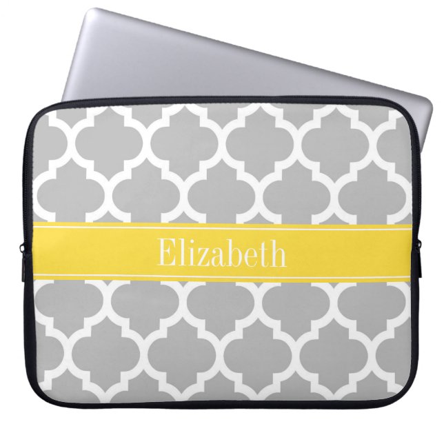 Grey White Moroccan #5 Pineapple Name Monogram Laptop Sleeve (Front)