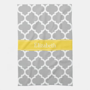 Grey White Moroccan #5 Pineapple Name Monogram Tea Towel
