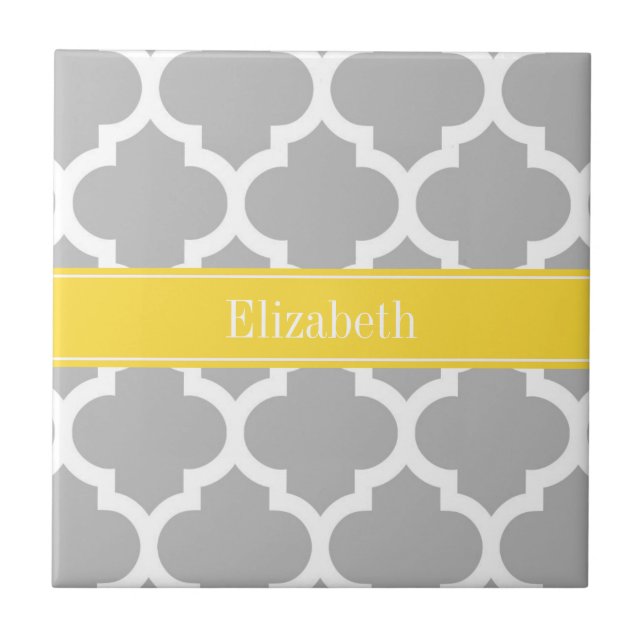 Grey White Moroccan #5 Pineapple Name Monogram Tile (Front)