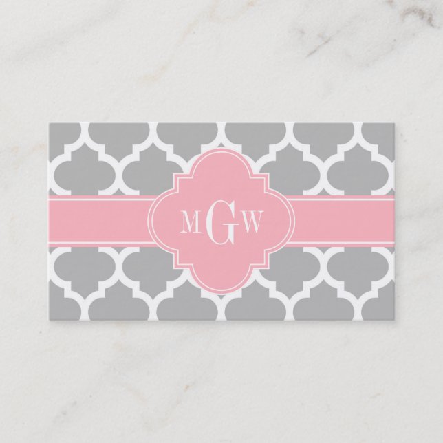 Grey White Moroccan #5 Pink 3 Initial Monogram Business Card (Front)