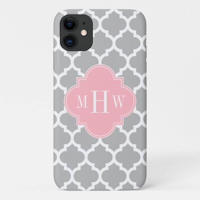 Grey White Moroccan #5 Pink 3 Initial Monogram Case-Mate iPhone Case (Back)