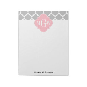 Grey White Moroccan #5 Pink 3 Initial Monogram Notepad