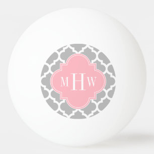 Grey White Moroccan #5 Pink 3 Initial Monogram Ping Pong Ball