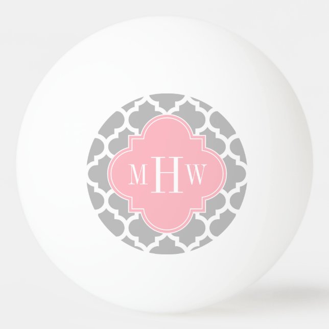 Grey White Moroccan #5 Pink 3 Initial Monogram Ping Pong Ball (Front)