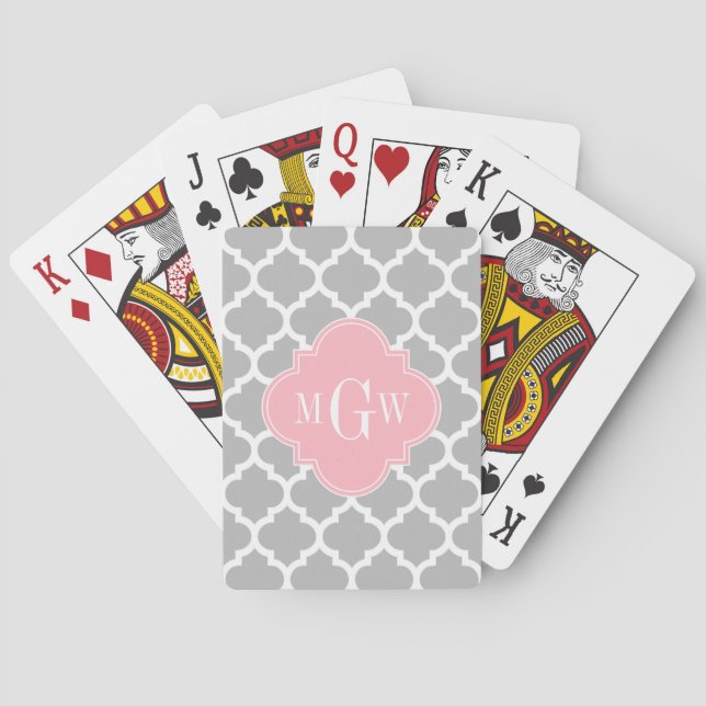 Grey White Moroccan #5 Pink 3 Initial Monogram Playing Cards (Back)