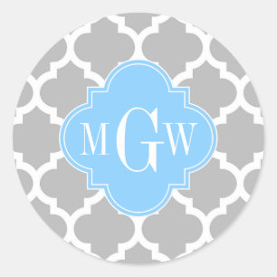 Grey White Moroccan #5 Sky Blue 3 Initial Monogram Classic Round Sticker