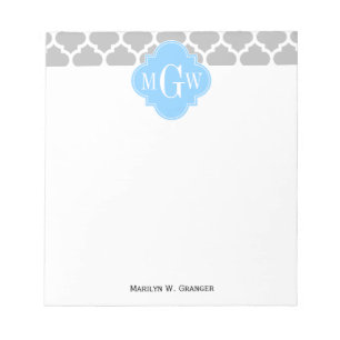 Grey White Moroccan #5 Sky Blue 3 Initial Monogram Notepad