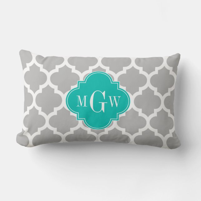 Grey White Moroccan #5 Teal 3 Initial Monogram Lumbar Cushion (Front)