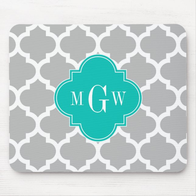 Grey White Moroccan #5 Teal 3 Initial Monogram Mouse Pad (Front)