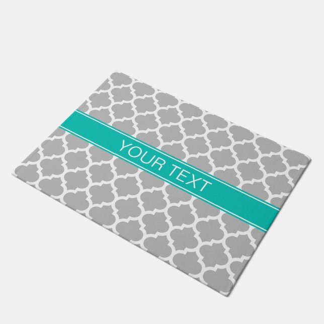 Grey White Moroccan #5 Teal Name Monogram Doormat (Angled)