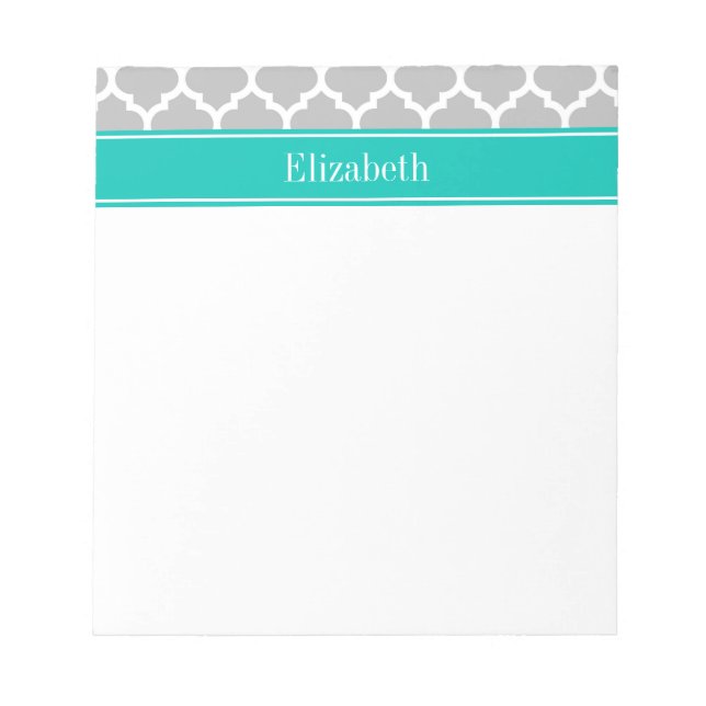 Grey White Moroccan #5 Teal Name Monogram Notepad (Front)