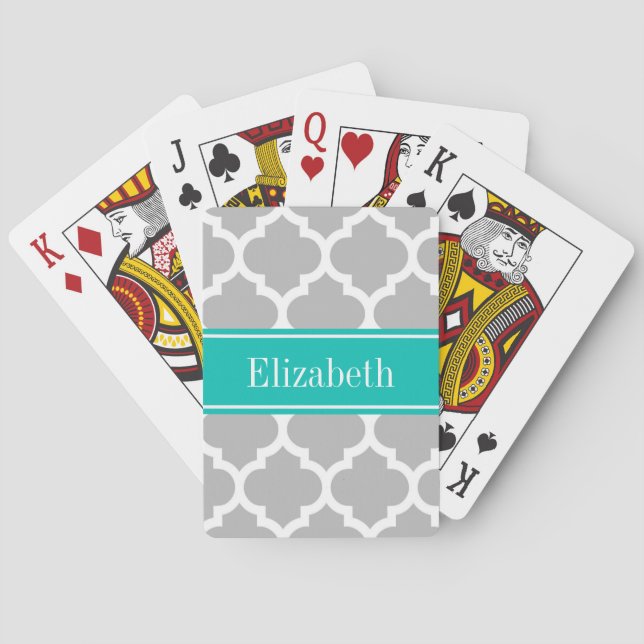 Grey White Moroccan #5 Teal Name Monogram Playing Cards (Back)