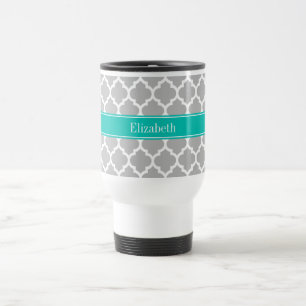 Grey White Moroccan #5 Teal Name Monogram Travel Mug