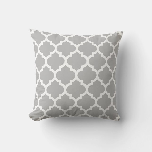 Grey White Moroccan Quatrefoil Pattern #5 Cushion (Front)
