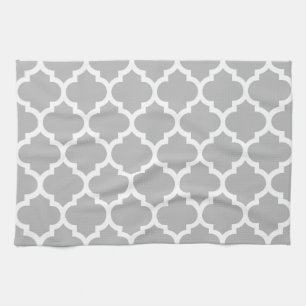 Grey White Moroccan Quatrefoil Pattern #5 Tea Towel