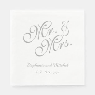 Grey White Mr. and Mrs.   Wedding Paper Napkins