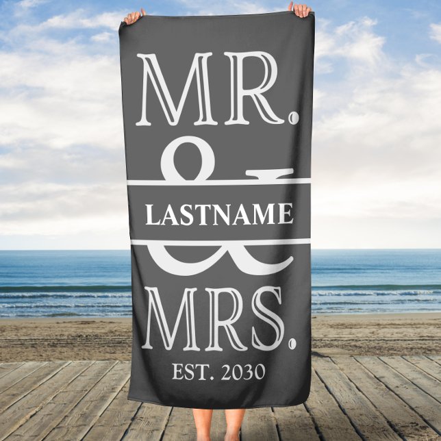 Grey White Mr. and Mrs. Wedding Personalised Beach Towel (Creator Uploaded)