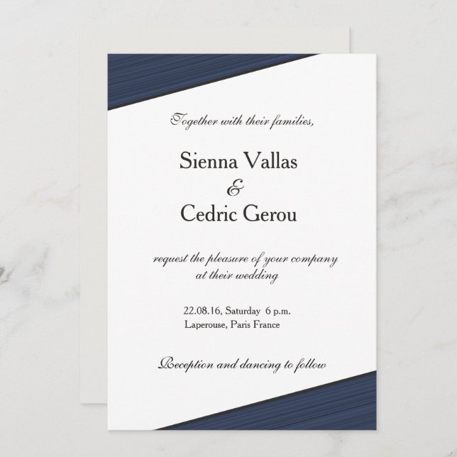 Grey white navy blue stripes wedding invitation (Front/Back)