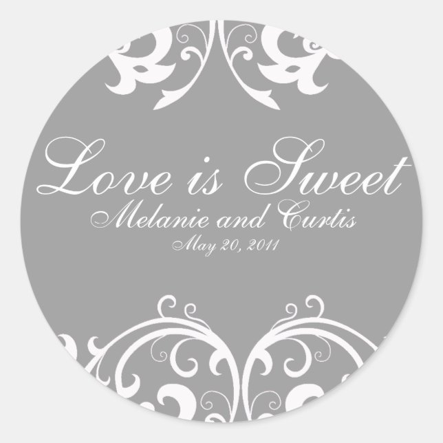 Grey White Ornate Love Is Sweet Classic Round Sticker (Front)