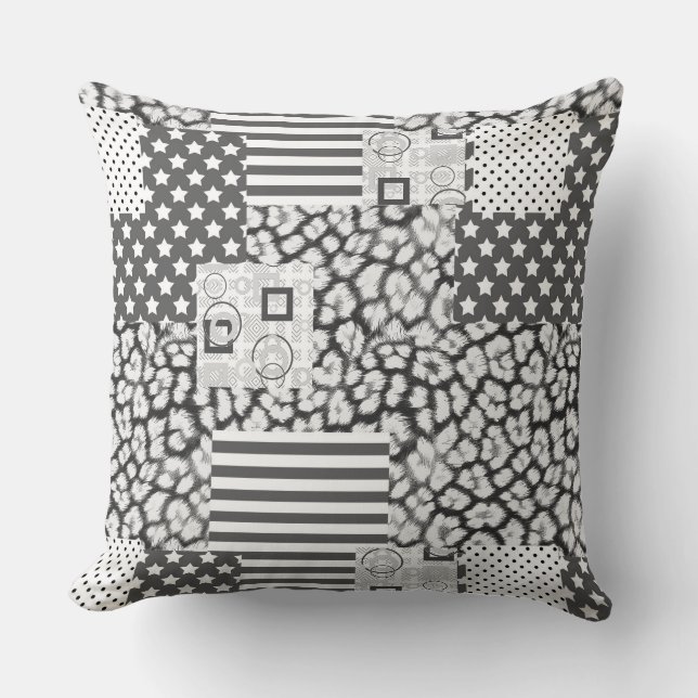 Grey White Patchwork Rustic Patches Cushion (Front)