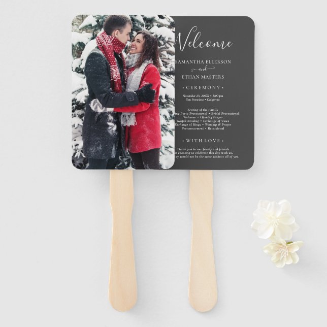 Grey & White Photo Classic Custom Wedding Progra Hand Fan (Front and Back)