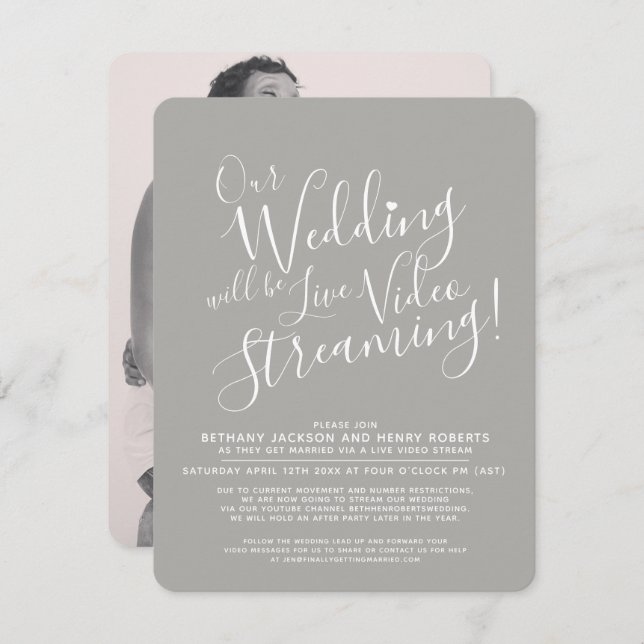 Grey white photo live streaming wedding invitation (Front/Back)