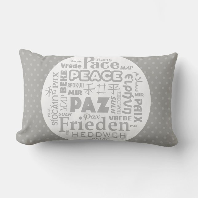 Grey/white pillow/peace in multi-languages lumbar cushion (Front)