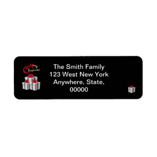 Grey White Pinstripe Presents Red Bow on Black Return Address Label