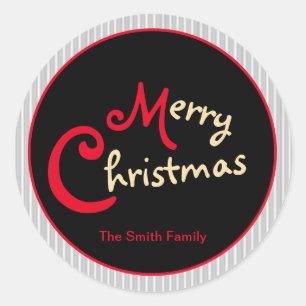 Grey White Pinstripe Red Bow on Black Classic Round Sticker