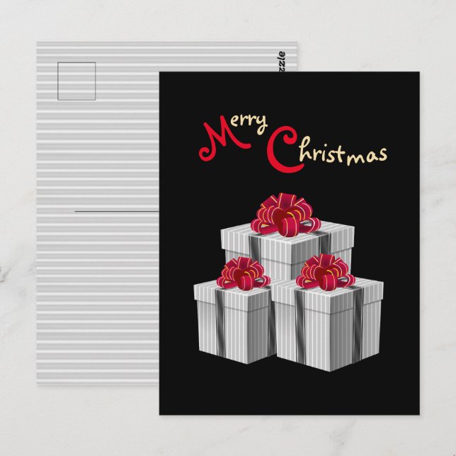 Grey White Pinstripe Red Bow Presents on Black Postcard (Front/Back)