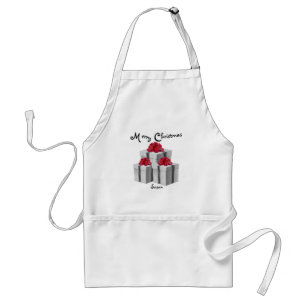 Grey White Pinstripes Black with Red Bow Standard Apron