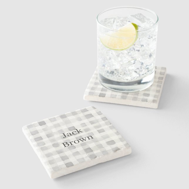 Grey White Plaid Stripes Stone Coaster (Side)
