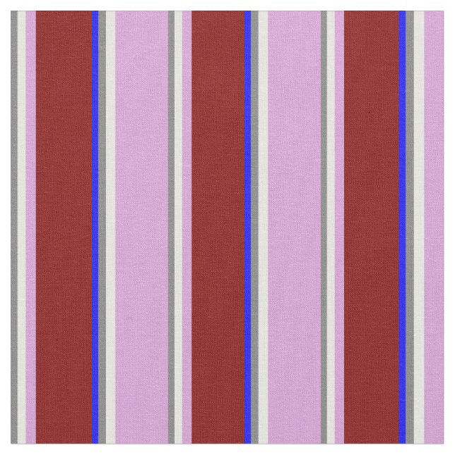 Grey, White, Plum, Maroon & Blue Coloured Stripes Fabric (Close Up)