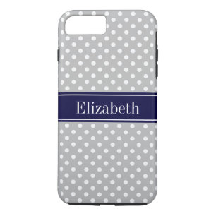 Grey White Polka Dots Navy Blue Name Monogram iPhone 8 Plus/7 Plus Case