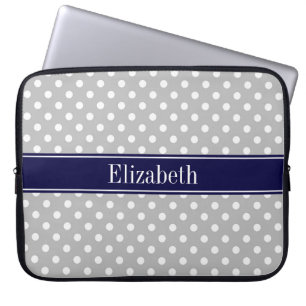 Grey White Polka Dots Navy Blue Name Monogram Laptop Sleeve