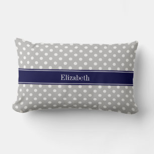 Grey White Polka Dots Navy Blue Name Monogram Lumbar Cushion