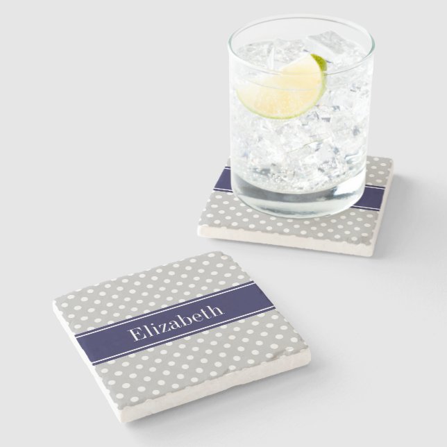 Grey White Polka Dots Navy Blue Name Monogram Stone Coaster (Side)