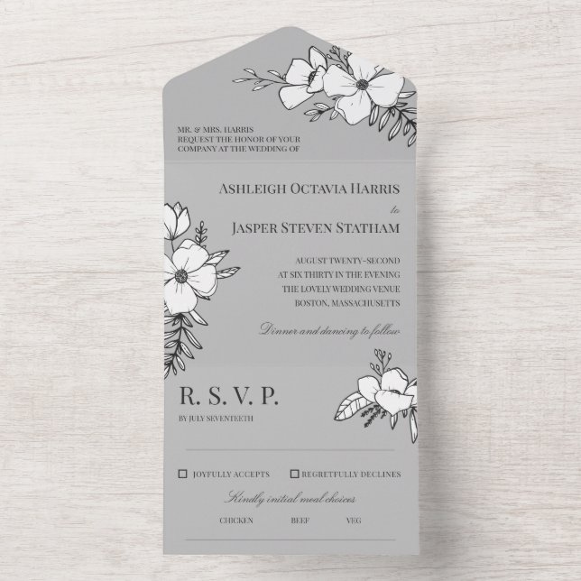 Grey & White Pretty Flowers Wedding All In One Invitation (Inside)