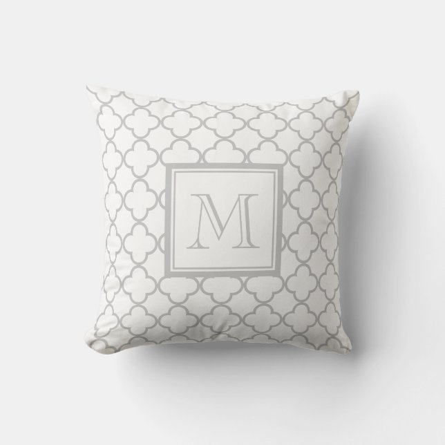 Grey White Quatrefoil | Your Monogram Cushion (Front)