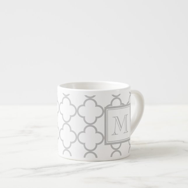 Grey White Quatrefoil | Your Monogram Espresso Cup (Front Right)