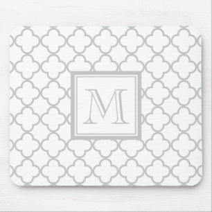 Grey White Quatrefoil Your Monogram Mouse Pad