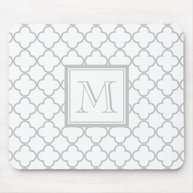 Grey White Quatrefoil | Your Monogram Mouse Pad (Front)